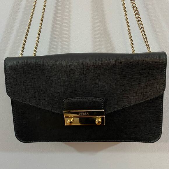 FURLA Metropolis Chain Black Leather Front Plate Logo Small Size Crossbody Bag - Picture 4 of 16